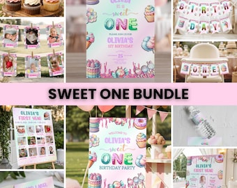 Paquete de primer cumpleaños "Sweet One", decoraciones de fiesta de helados y dulces, decoraciones de cumpleaños de dulces en tonos pastel, cumpleaños de Candyland, cumpleaños de donas