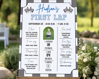 Quadro comemorativo de aniversário "Primeira Volta na Pista", Placa de aniversário com tema de carro de corrida, Decoração para festa com tema de corrida, Primeiro aniversário de menino