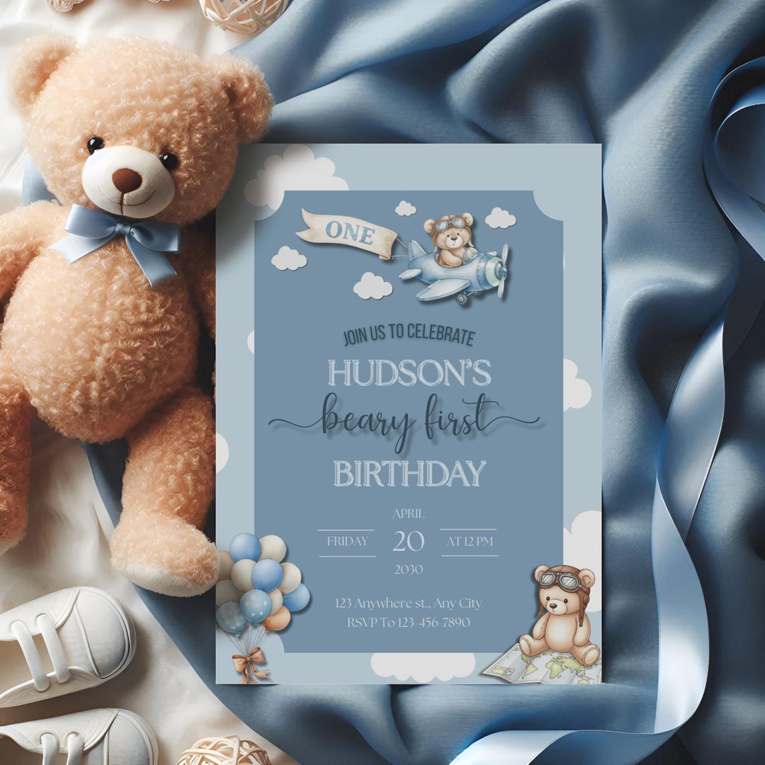 Beary First Birthday Invitation, Bear First Birthday Invite for Boy ...