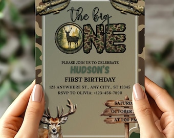 Convite de Aniversário "O Grande", Modelo de Convite de Aniversário com Tema de Caça, Convite de Aniversário de Caçador de Veados, Convite de Aniversário de Menino com Tema de Camuflagem