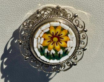 Broche Vintage Micro Mosaïque Millefiori Arbre Et Fleurs - Ancienne, En Laiton Et Paillettes De Verre