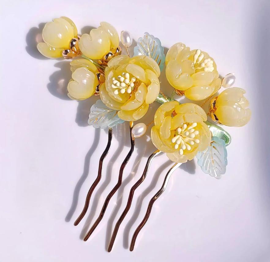 Handmade Crimson Peony Hair Comb, Beaded Tassels, Hanfu Accessory