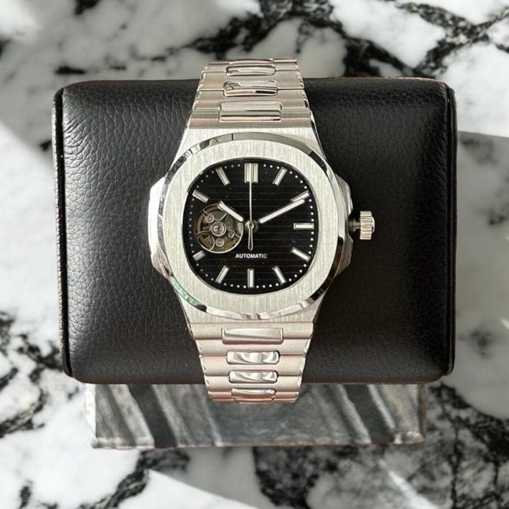 カスタムウォッチ MOD シルバーローマン数字 自動巻き時計 黒レザー　未使用 楽天市場】018 黒1 機械式 自動巻き レザー調 腕時計 メンズ ウォッチ