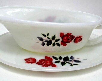 Vtg Glass JAJ Pyrex Gravy Boat w/Saucer White Glass Rose Design England