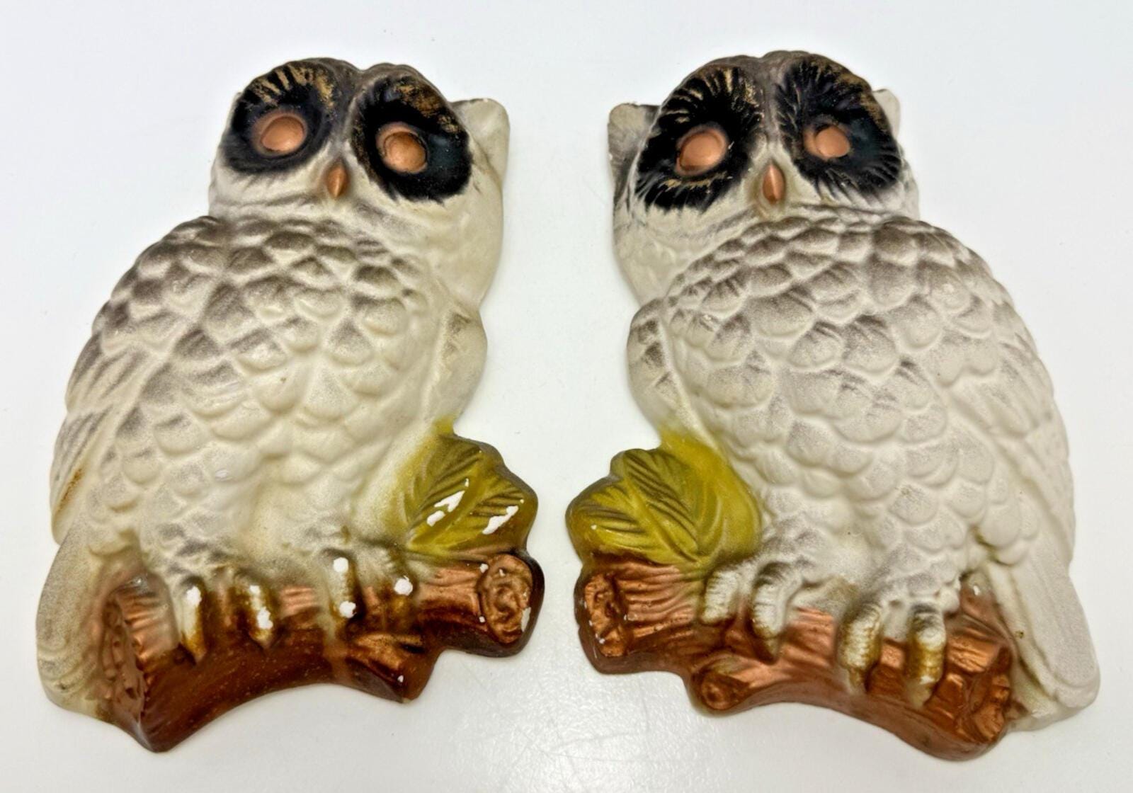 Vintage Snowy Owl Chalkware Wall Plaques (Set of 2) MCM Retro Decor