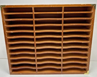 Vtg Wood Cassette Tape Storage Rack 36 Slot Holder Brass Corners Free Standing