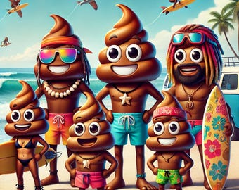 Beach Family Poo Portrait - Fun Digital Wall art - Humorous Summer Art