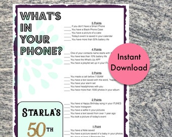 50th Birthday Party Game | Whats in your phone-Birthday Party Ideas-Download Printables