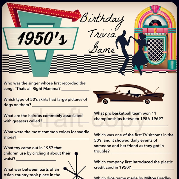 Birthday 1950's- Birthday party Trivia Game-| Birthday Party Trivia 50's, 60's, 70's | Instant Download