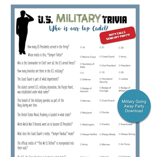 Military Send off Party game | Duty Calls | Army | Marines | Graduation Party | Going Away Party | Military Trivia Game | Instant Download