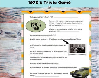 Birthday 1970's- Birthday party Trivia Game-| Birthday Party Trivia 50's, 60's, 70's | Instant Download