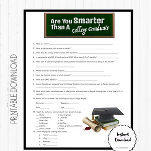 Graduation Party Games, Graduation Party Printable, Graduation Party Decorations, Graduation Ideas, Are you smarter than a College Graduate image 1