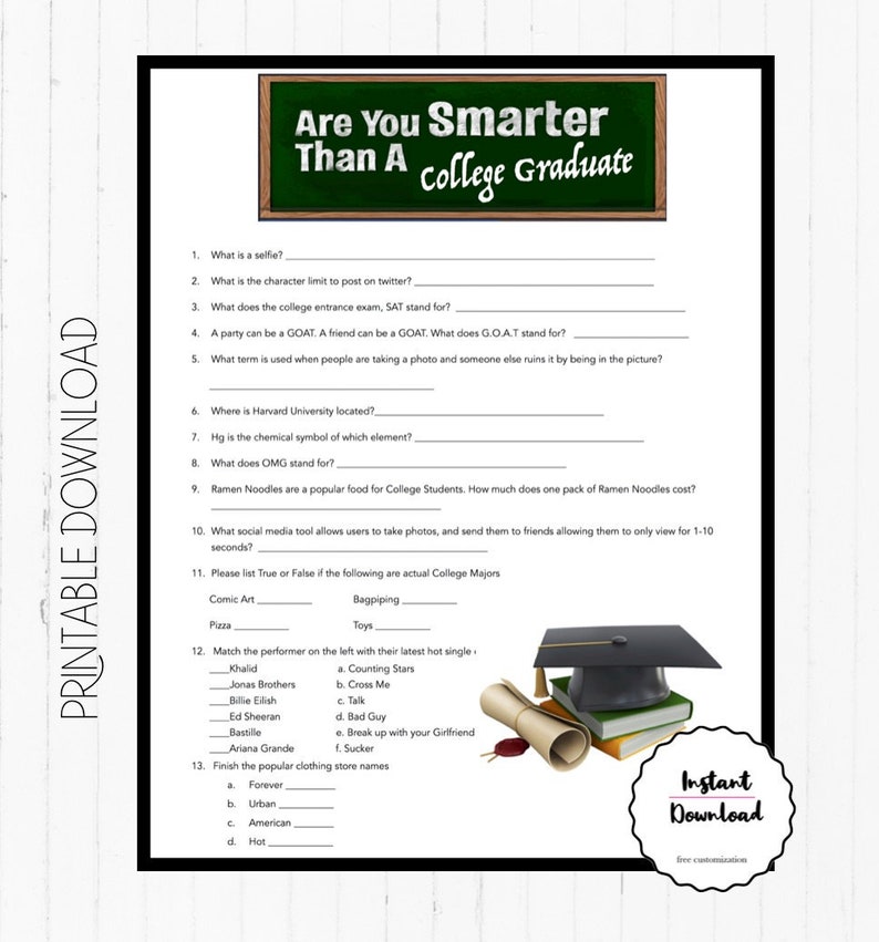 Graduation Party Games, Graduation Party Printable, Graduation Party Decorations, Graduation Ideas, Are you smarter than a College Graduate image 1