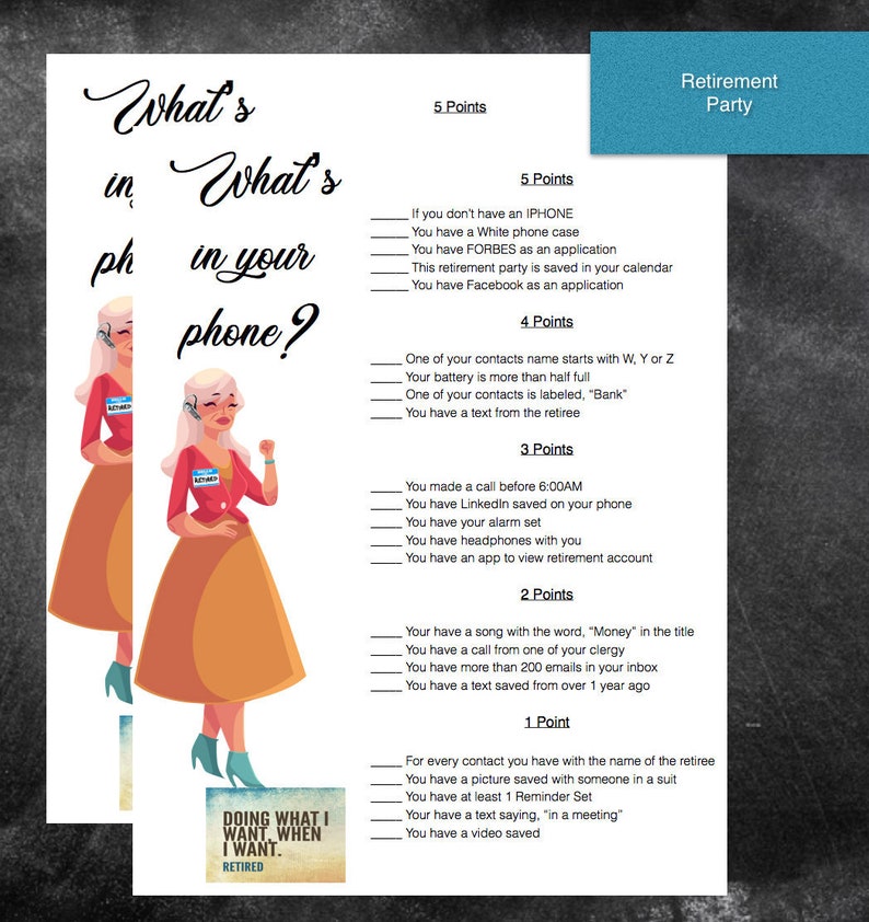 Retirement Party Game-Whats in your phone Printable Game ...