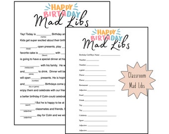 Birthday Party Mad Libs - Birthday Mad Libs - Birthday Party Printable -DIY Mad Lib Game- Great for Classroom, Guest Reader