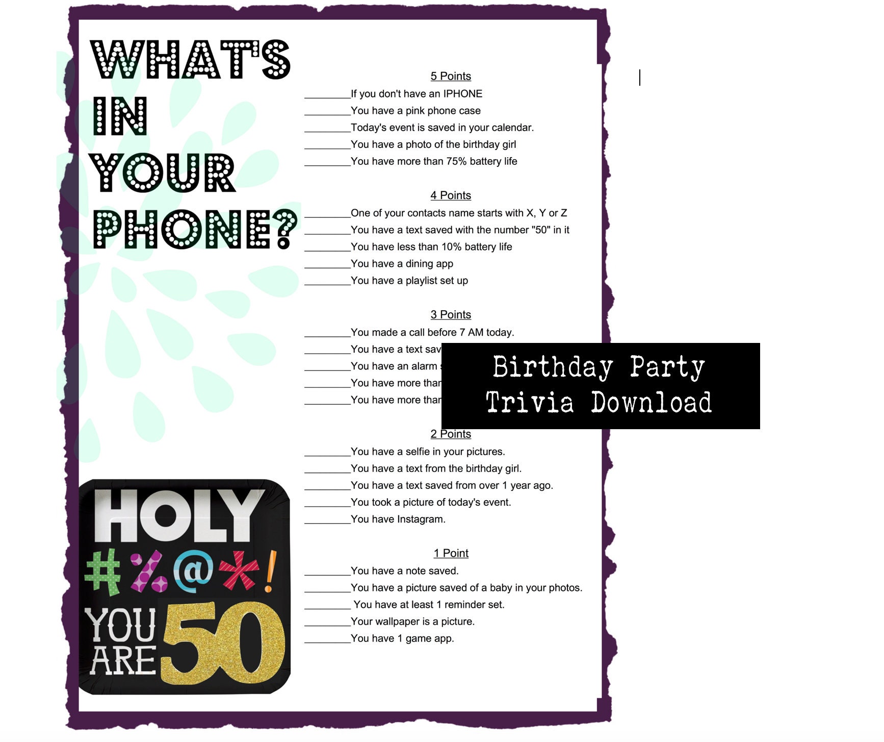 50th Birthday Party Game Whats In Your Phone Birthday Party Etsy