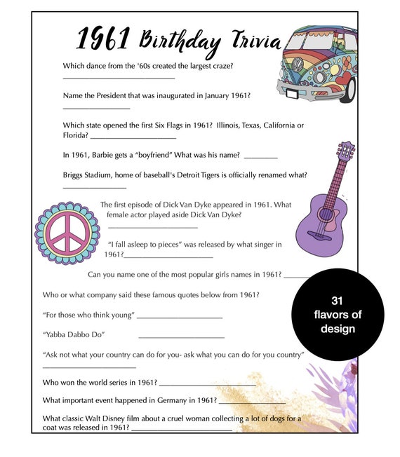 The Year Of 1961 Birthday Party Trivia Download Printable Etsy