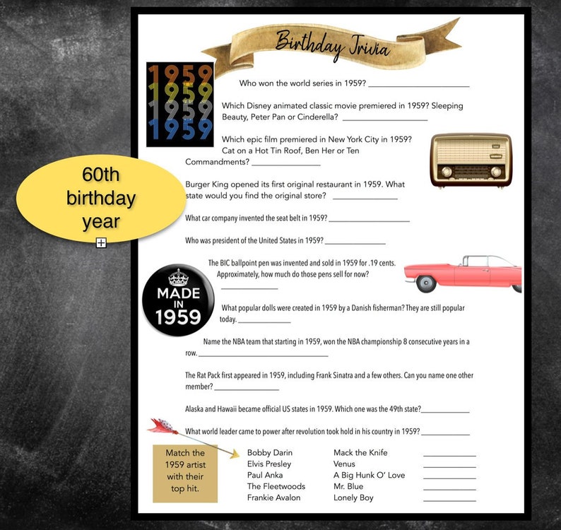 The year of 1959 Birthday Party Trivia Download | Etsy