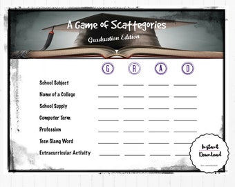 Graduation 2021 party games, graduation party game, graduation scattergories, graduation download, graduation party printables