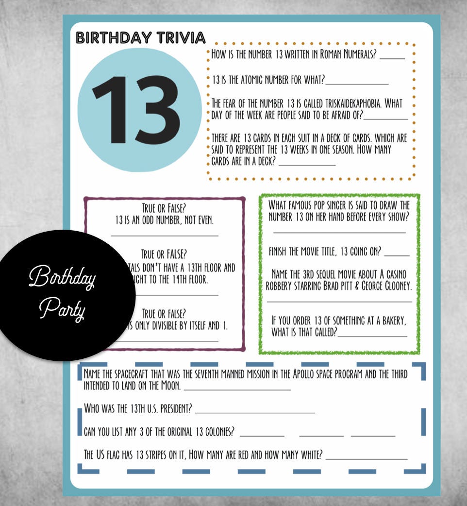 13th Birthday Trivia Game | Instant Download | Everything to do with the  number 13!