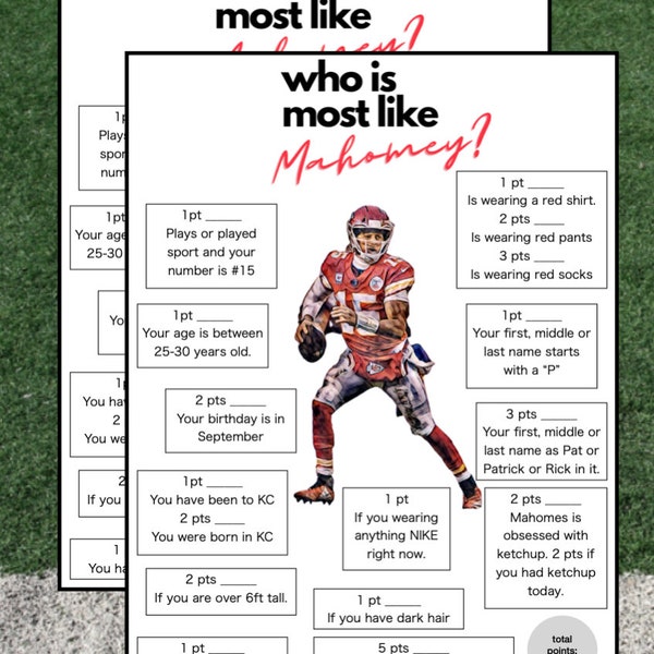 Super Bowl Party Game | Football Party Game | Who is most like Mahomes | Download Printable File Super Bowl