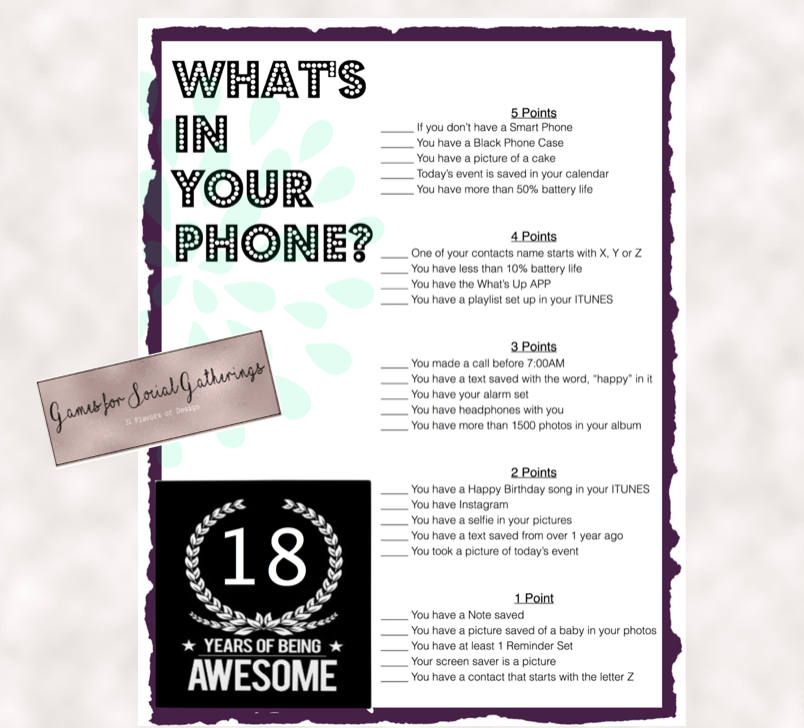 18th Birthday Party Game Whats In Your Phone Birthday Party Etsy