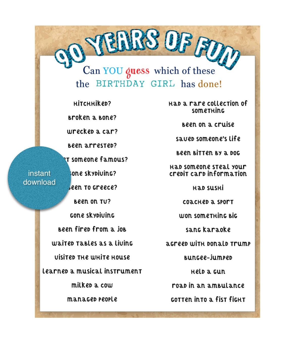 90th Birthday Party Game Who Knows The Birthday Girl The Etsy 90th Birthday Party Game Who Knows The Birthday Girl The Etsy