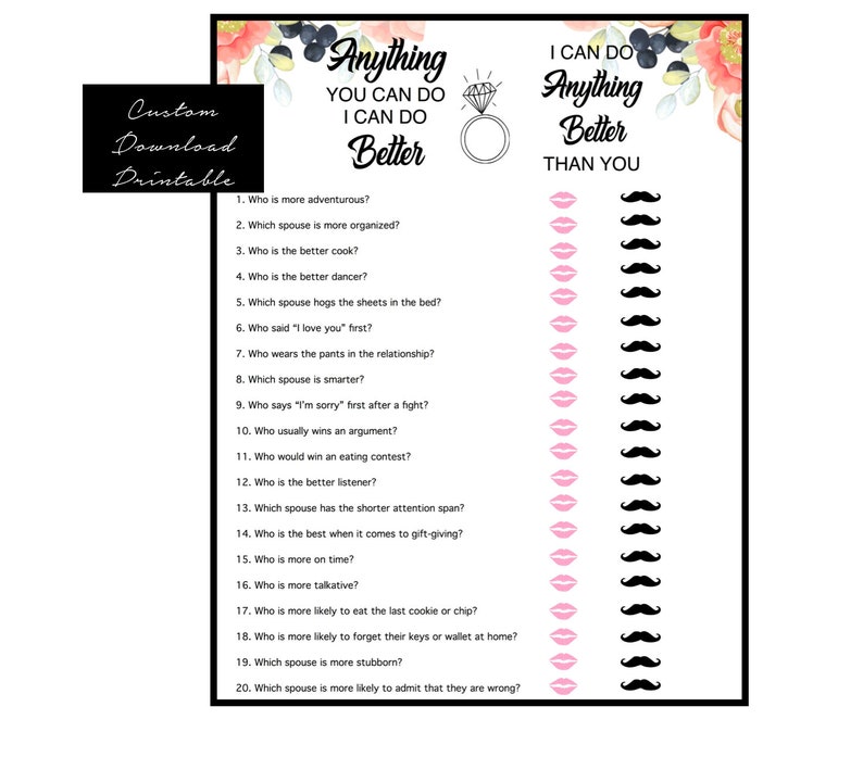 Printable Bridal Shower Game Who Does is Better Game Bridal Etsy Canada