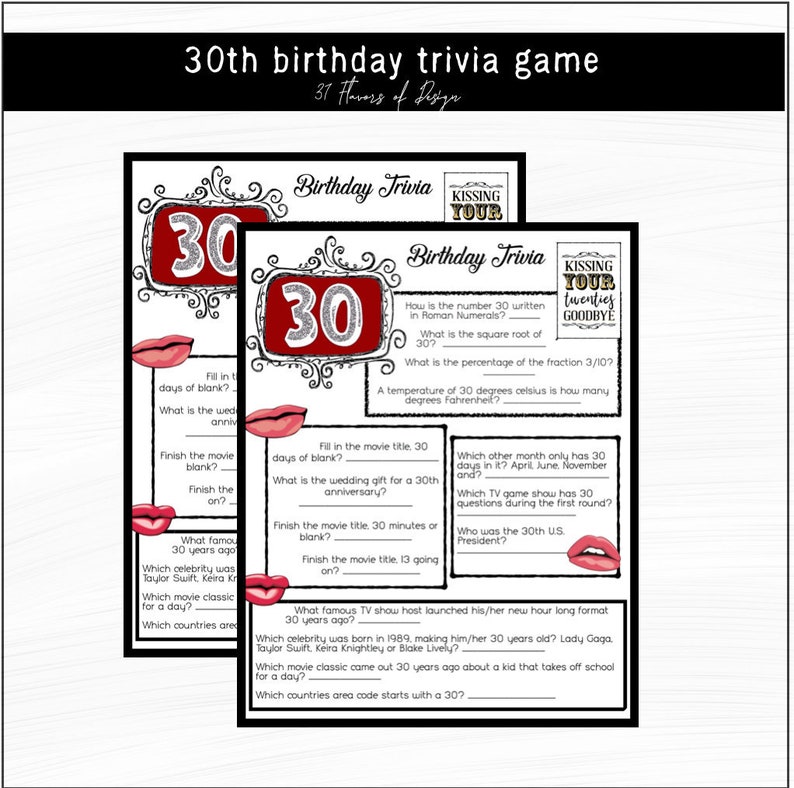 30th Birthday Trivia Game Instant Download Everything to