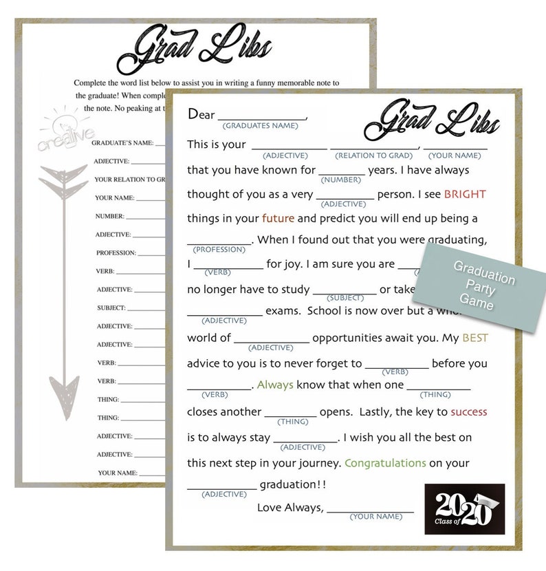 graduation games mad libs instant download graduation etsy