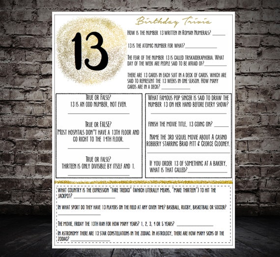 13th Birthday Trivia Game | Instant Download | Everything to do with the  number 13!