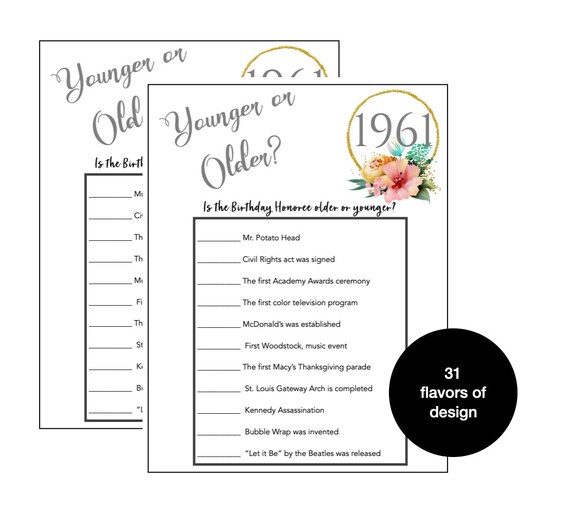 60th Birthday Game Younger or Older Game Birthday Trivia 