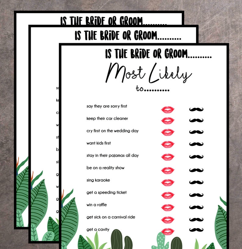 Groom and Bride Trivia Game Who is most likely to Wedding