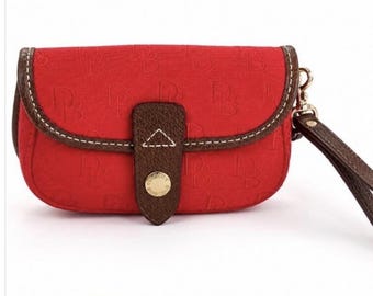 Dooney & Bourke Red Canvas Wristlet with Brown Trim