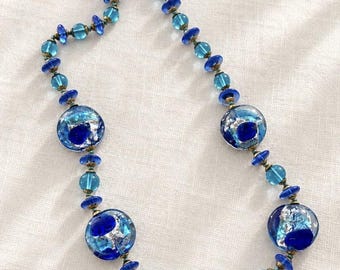 Murano glass 22" necklace Gold tone flat beads in blues and silver