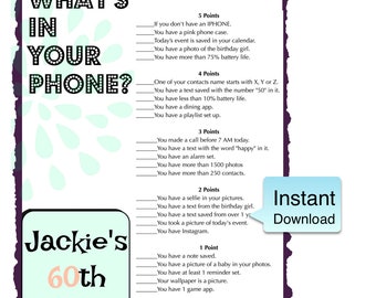 60th Birthday Party Game | Whats in your phone-Birthday Party Ideas-Download Printables