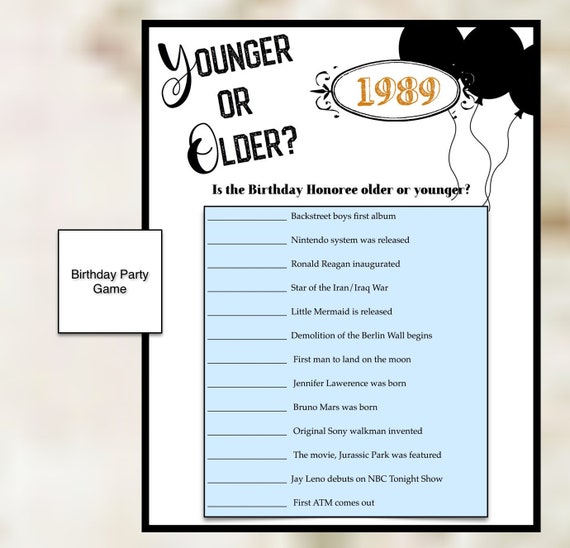 1989 Birthday Party Game Download Younger Or Older Game Etsy