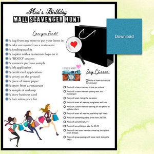 Birthday Party MALL Scavenger Hunt - Party Game | Instant Download- PDF FILE - Free Customization