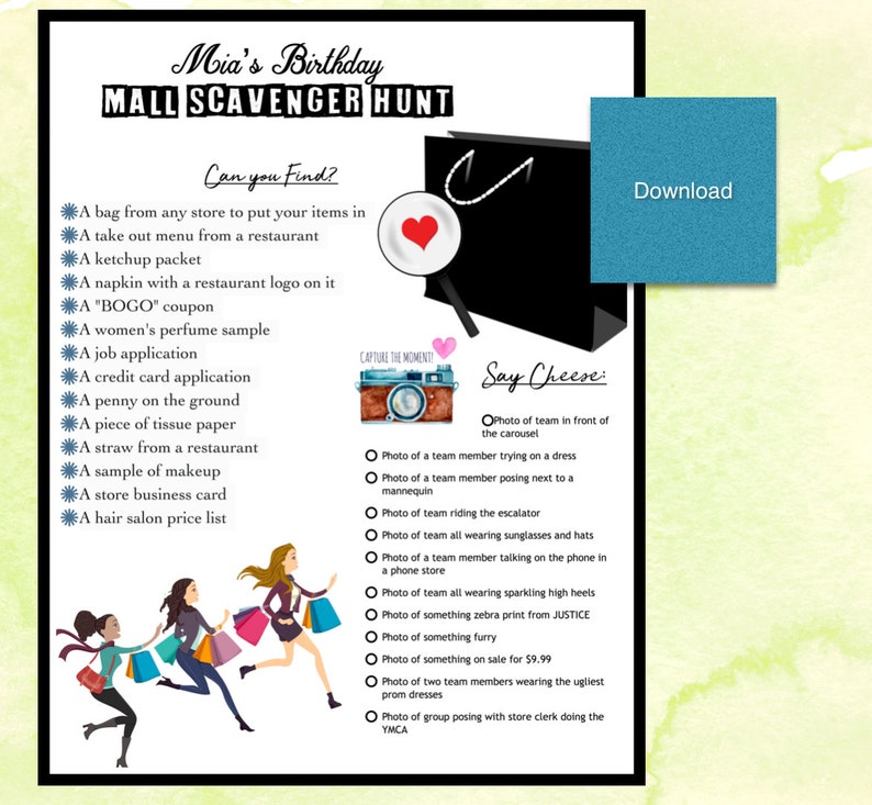 Instant Download- PDF FILE Birthday Party MALL Scavenger Hunt Party Game Free Customization