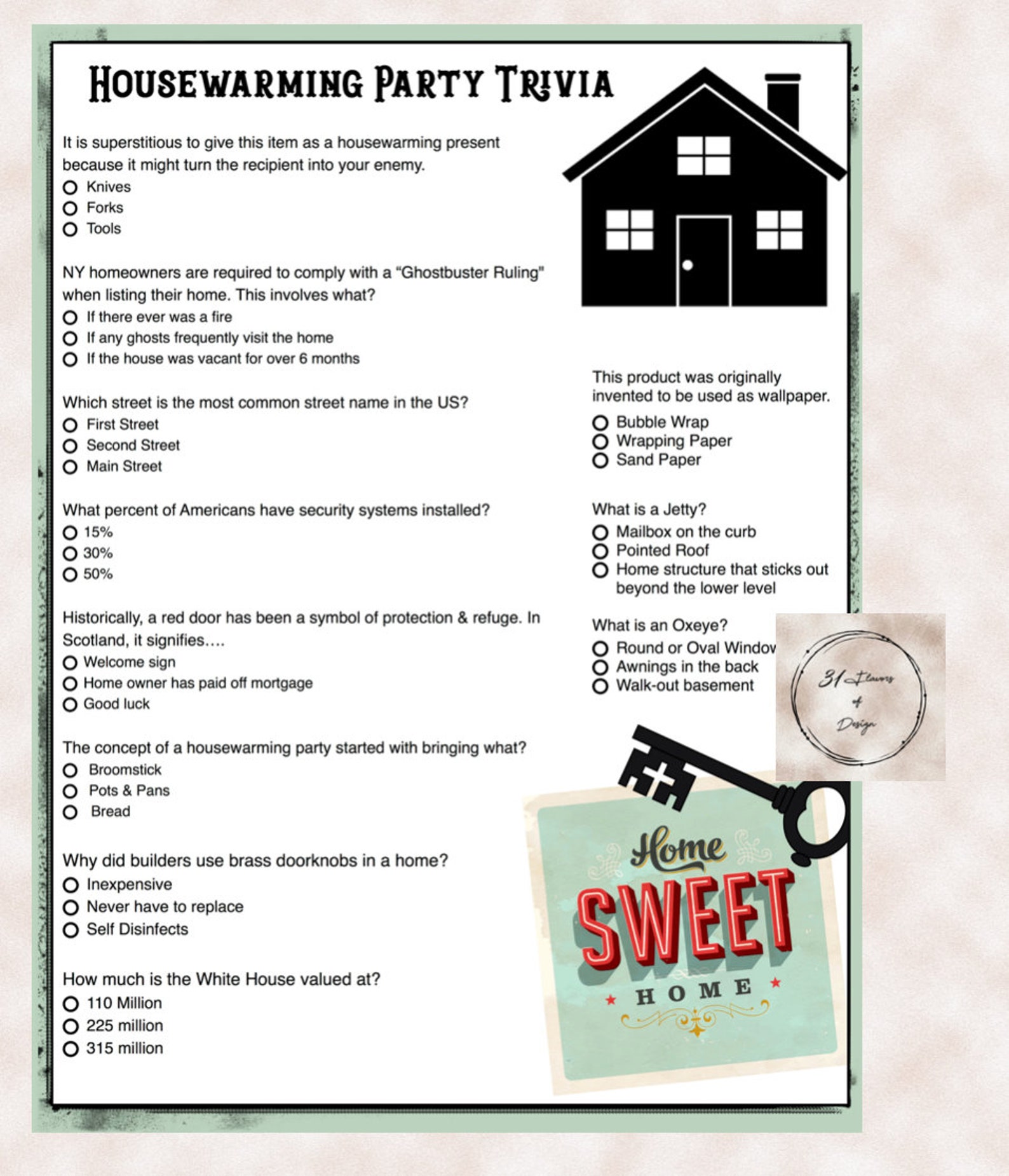 House Warming Party Trivia Game House Trivia New Home Trivia