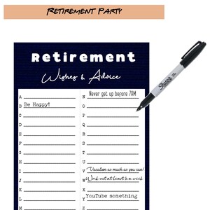 Może przedstawiać: Niebieska i biała drukowana karta z radami na przyjęcie emerytalne z tekstem "Retirement Wishes & Advice" u góry. Karta zawiera listę liter od A do Z z pustymi liniami obok każdej litery. Karta zawiera rady napisane obok niektórych liter, np. "Be Happy!" i "Never get up before 7AM".