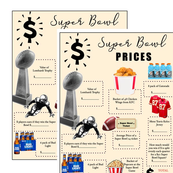 Super Bowl Party Game  | Football Party Game | Super Bowl Trivia | Instant Download | Guess the Price