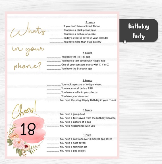 18th Birthday Party Game Whats In Your Phone Birthday Party Etsy