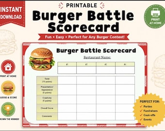 Hamburger Tasting Score Card INSTANT DOWNLOAD | Friends, Family, Kids Tasting Cards| Hamburger | Tasting Cards