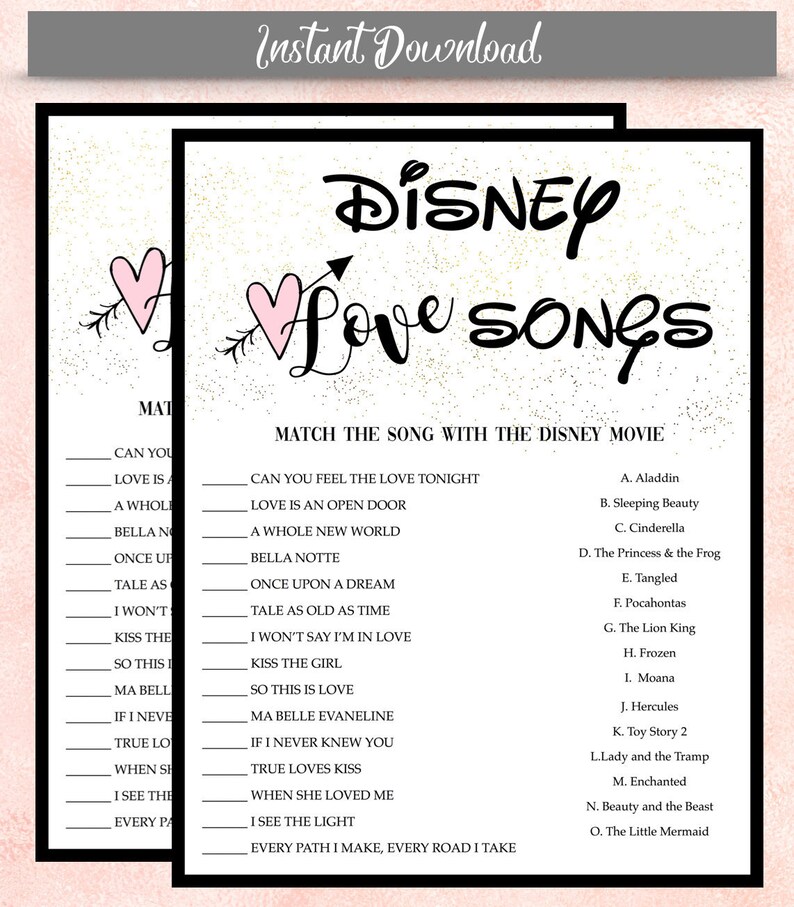 Bridal Shower Game Disney Song Lyrics Matching Game Bridal Etsy