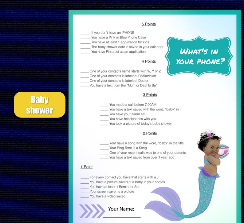 Baby Shower Game Whats In Your Phone Baby Shower Mermaid Etsy