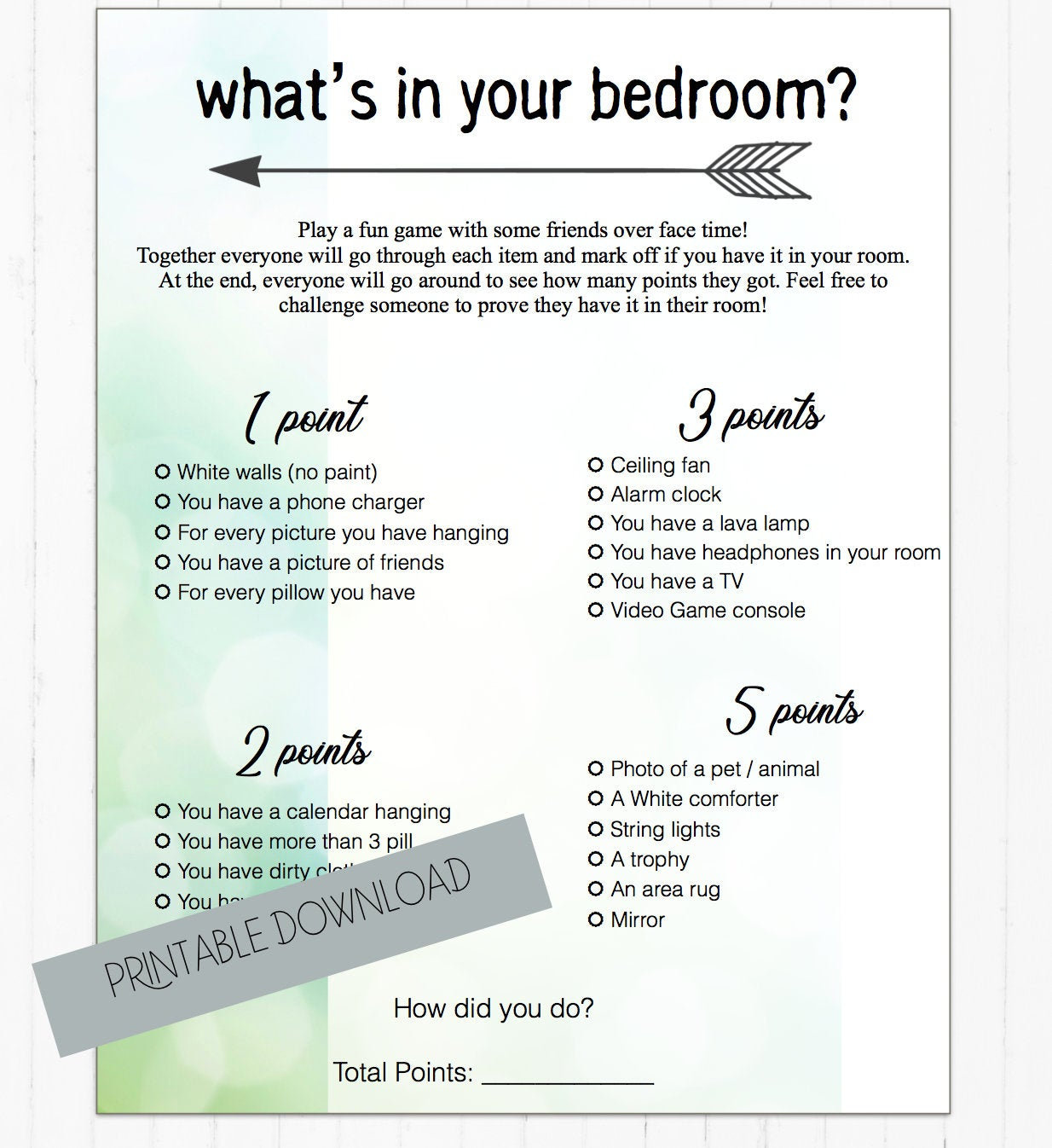 At home Whats in your bedroom game, Play with family or friends virtually,  Kids Download, Printable Kids, Tween or Teen Game