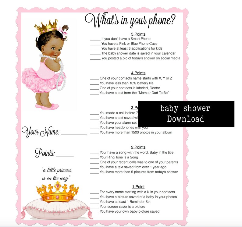 Baby Shower Spiel-was ist in Ihrem Handy Baby-Prinzessin-Thema Bild 1