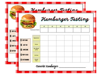 Hamburger Tasting Score Card INSTANT DOWNLOAD | Friends, Family, Kids Tasting Cards| Hamburger | Tasting Cards