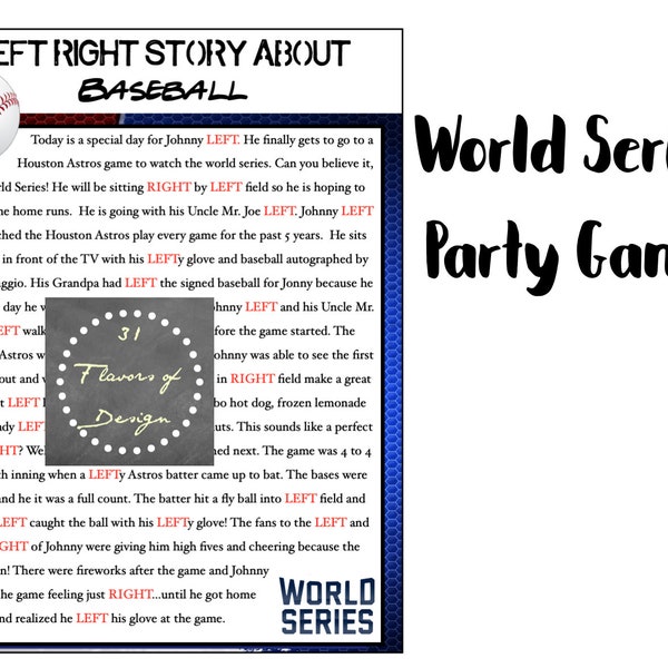 World Series Baseball Party Game | Baseball Story | Pass the Present Game, Left Right Story - Instant Download - Braves VS Astros